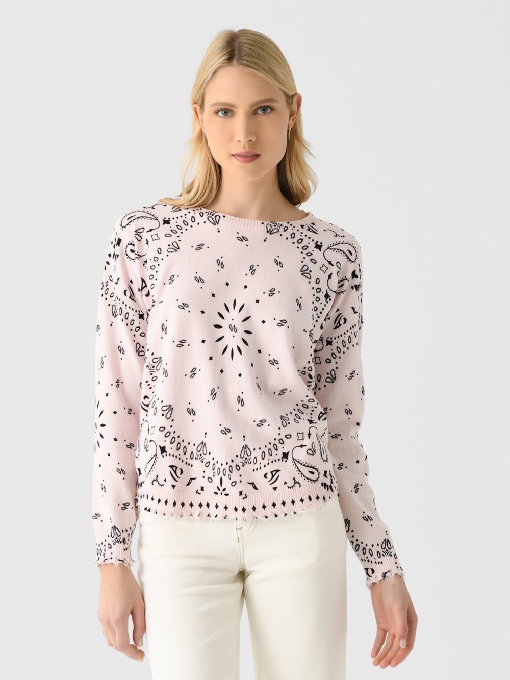J.SOCIETY Bandana Distressed Pink Crewneck Sweater